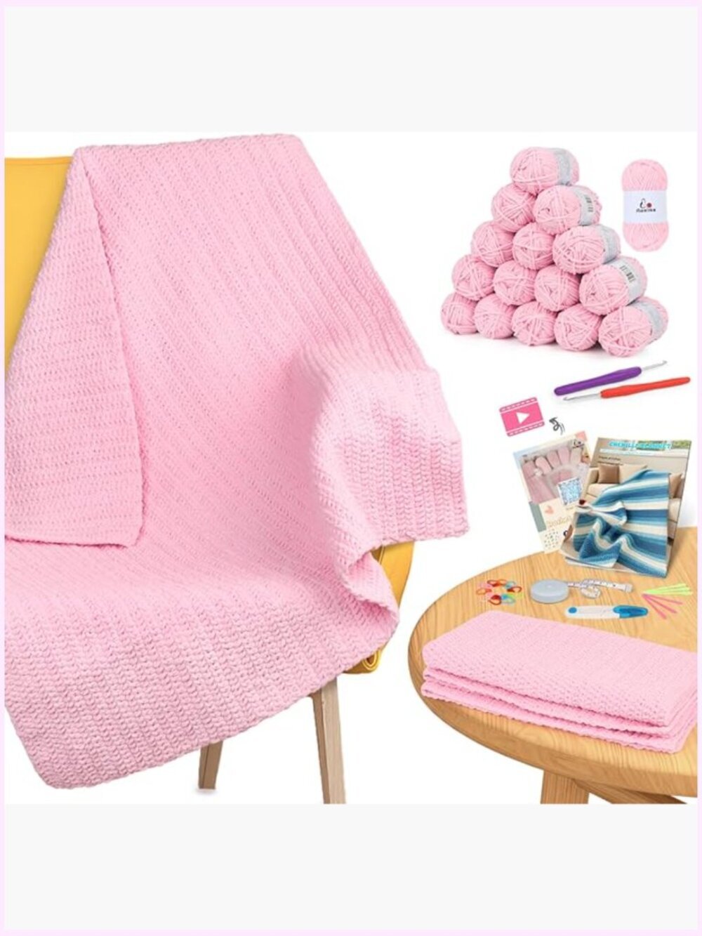 Blanket Crochet Kit for Beginners, Soft Chenille Yarn, Includes Hooks &